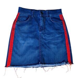 NEW Jean Denim High Rise Mini Skirt, Size XSmall Red Stripes Blue Denim